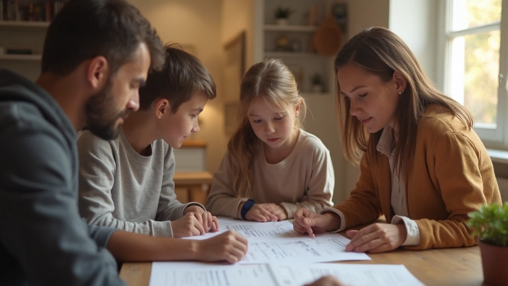 Family discussing household budget and financial planning together at dining table