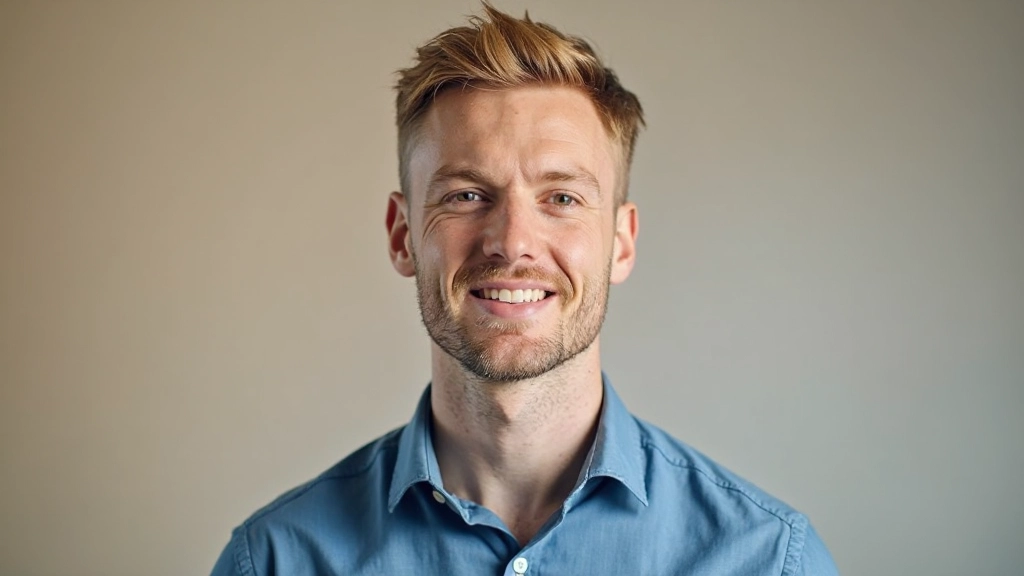 Portrét van student Thomas, 28 jaar oud, blond kort haar, professioneel uiterlijk