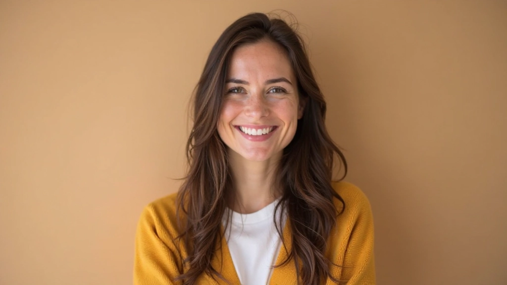 Portrét van tevreden student Maria, 32 jaar oud, donkerbruin lang haar, warme glimlach