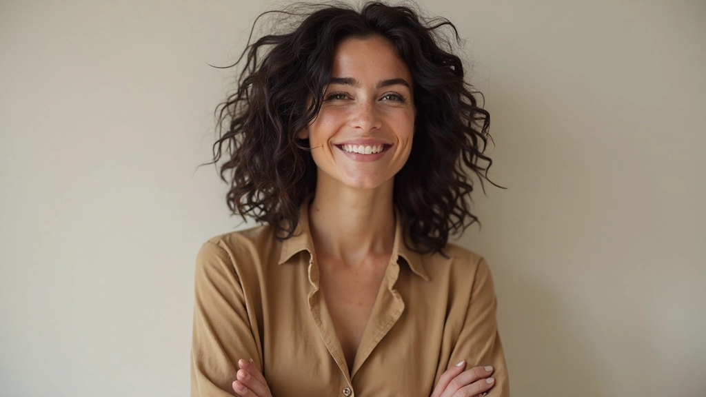 Portrét van moeder Elena, 35 jaar oud, zwart krullend haar, warme moederlijke glimlach