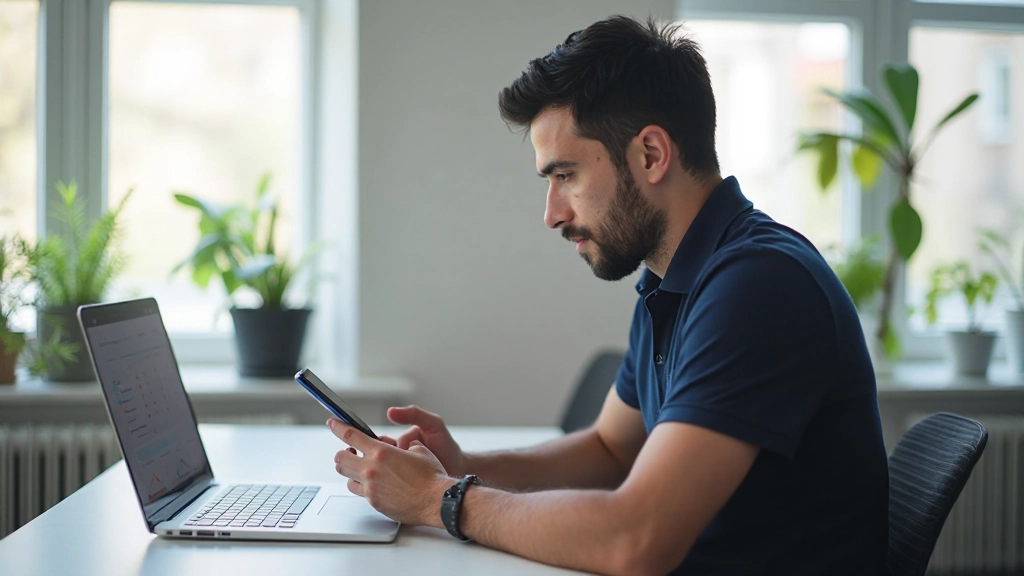 Young professional using smartphone and laptop for expense tracking and money management