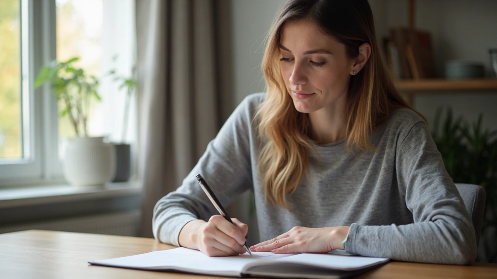 Vrouw schrijft financiële doelen in notitieboek aan tafel